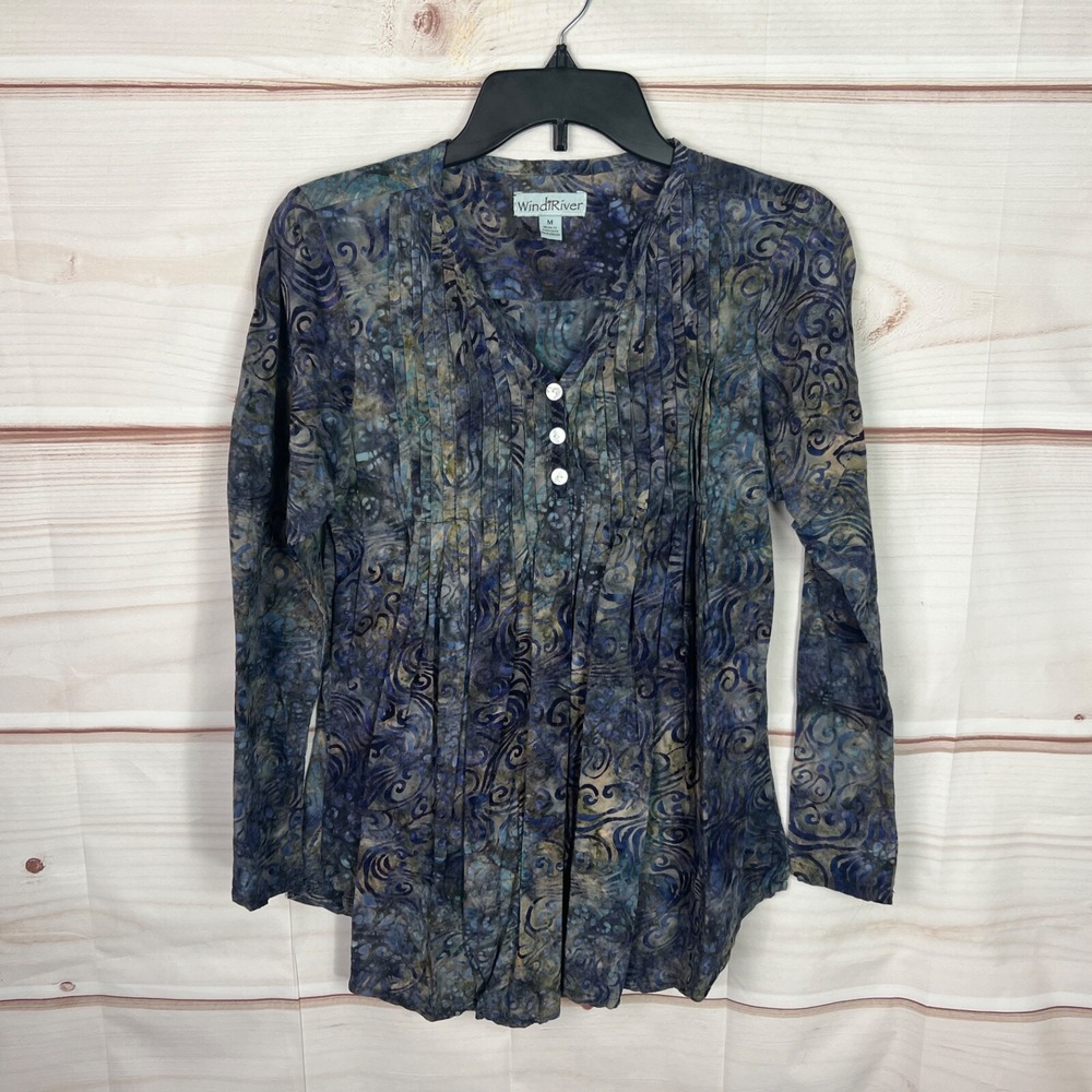 Windi River Top Women M Purple Pleated Blouse Buttons Pullover Art To Wear Woven